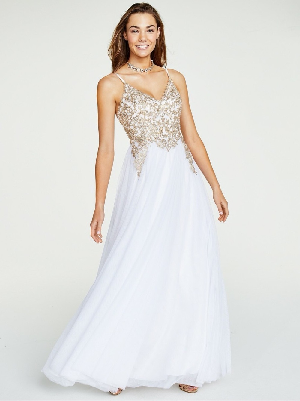 Gold and White Say Yes to The Prom Quinceañera Gown with Spaghetti Straps